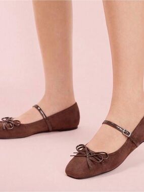 SHEIN Brown Suede Mary Jane Flats with Bow and Ankle Strap